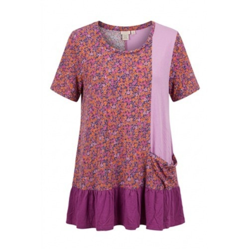 Logo Lori Goldstein Artsy Whimsical Tunic Top Women 2X Pink Floral Ruffle Whimsy